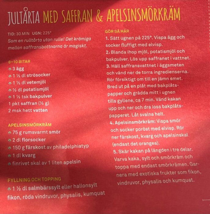 Recept på "Jultårta med saffran och apelsinsmörkräm", inklusive ingredienser och steg-för-steg instruktioner för att baka kakan.