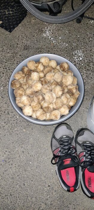 En skål med tvättade, ljusbruna bollar bredvid ett par träningsskor på ett betonggolv.