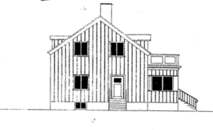 Originalritning av ett hus med träfasad, symmetrisk design och klassiska detaljer, passande för 20- till 30-talsstil, utan spröjs.