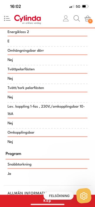 Specifikationer för en Cylinda torktumlare, inklusive information om energiklass, fästen och programfunktioner.