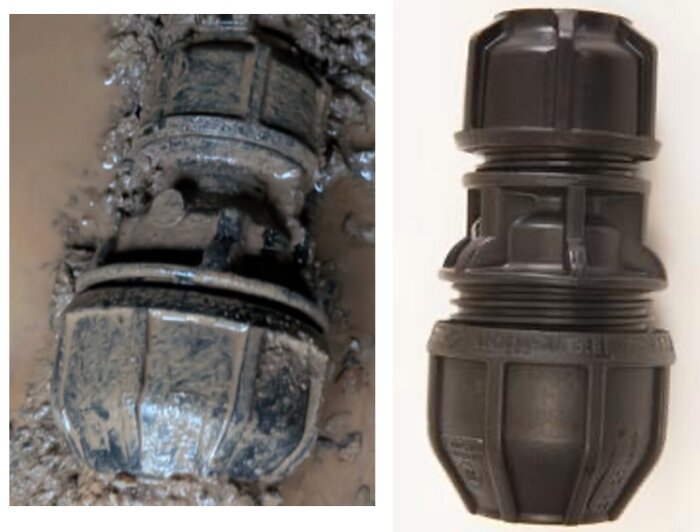 Philmac övergångskoppling, vänster bild lerig koppling i marken, höger bild ren och torr koppling på vit bakgrund.