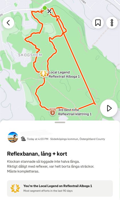 Karta över Reflextrail i Söderköping med markerad rutt. Information om Local Legend och tredje bästa tid på segmentet Alboga 1.