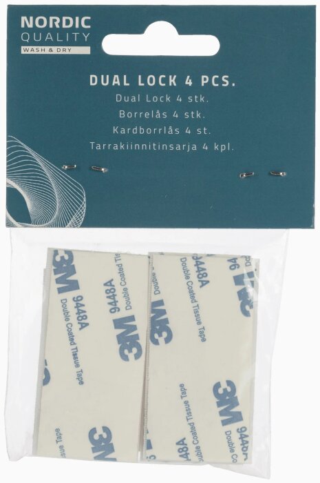 Förpackning med 3M Dual Lock kardborrlås, 4 st, användbara för att fästa och enkelt ta ned tumlare.