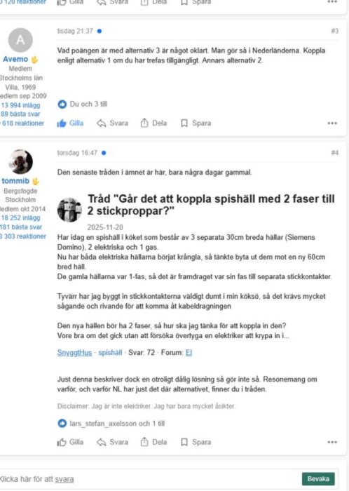 Forumdiskussion om att koppla spishäll med två faser. Flera inlägg från olika användare med kommentarer och frågor.
