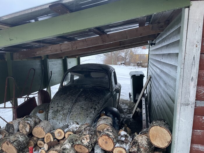 Gammal bil täckt av mossa parkerad under ett skjul, omgiven av vedträn. I bakgrunden syns en snötäckt mark och en soptunna.