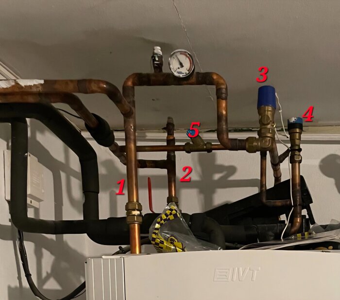 Numrerade rör och ventiler i ett värmesystem: 1 och 2 är delar av värmesystemet, 3 är säkerhetsventil, 4 för tappvarmvatten, 5 är påfyllningsventil.