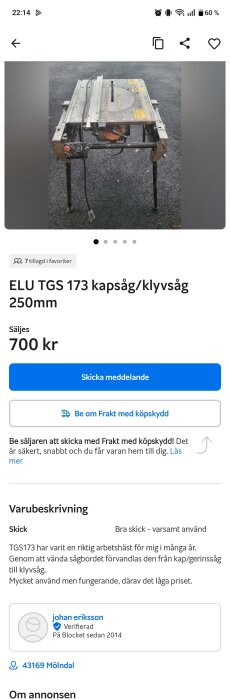 Använd ELU TGS 173 kapsåg/klyvsåg på grusunderlag med tydlig sågklinga och sladd.