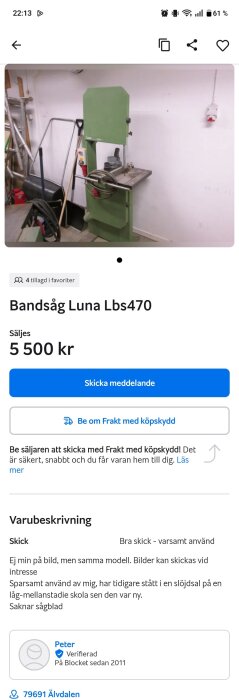 Grön bandsåg av märket Luna Lbs470 placerad i en verkstad.