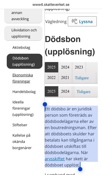 Webbsida från Skatteverket om dödsboets upplösning med text om juridisk status och arvsskifte samt en navigeringsmeny med olika kategorier.