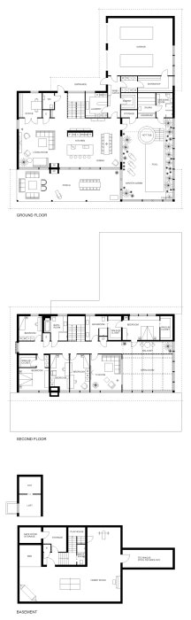Arkitektritning av hus med tre våningar, inklusive garage, pool, vardagsrum, sovrum och vinterträdgård.