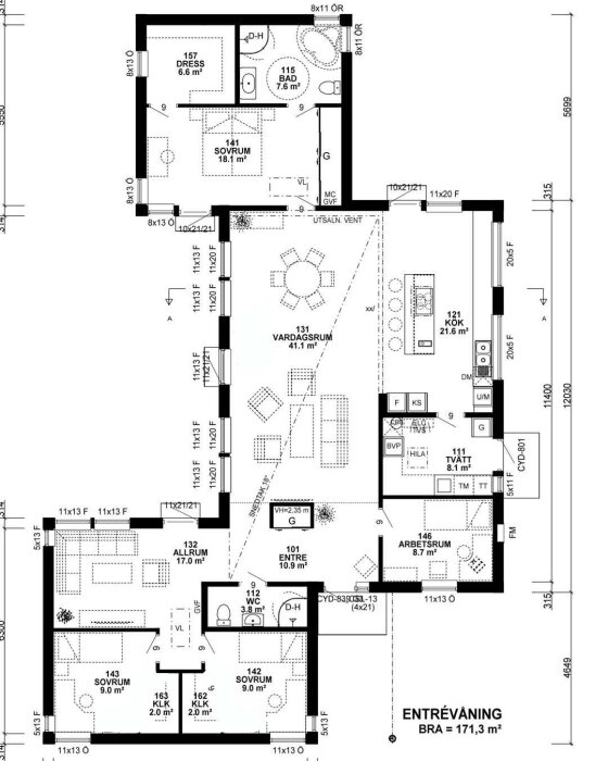 Planritning av ett entréplan med vardagsrum, kök, sovrum, badrum och arbetsrum, totalt 171,3 kvadratmeter. Innehåller mått och rumsnamn.