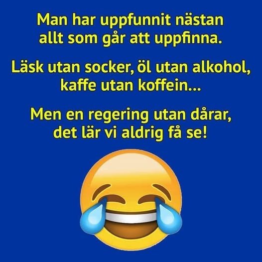 Text med gul humoristisk inskrift om uppfinningar, följt av en skrattande emoji med tårar på en blå bakgrund.