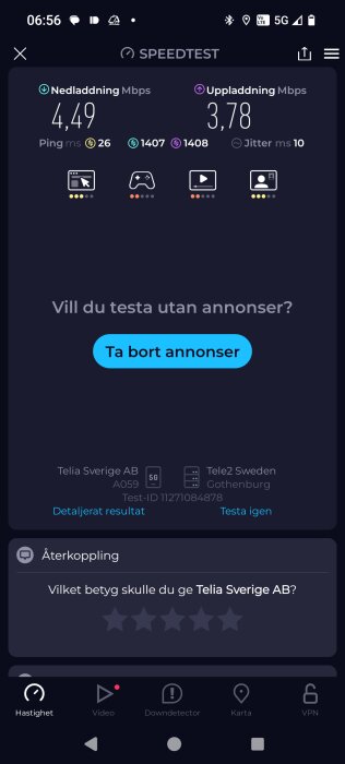 Speedtest-resultat visar nedladdning 4,49 Mbps och uppladdning 3,78 Mbps. Tidig morgon, förbättrad hastighet då sommargästerna är borta.