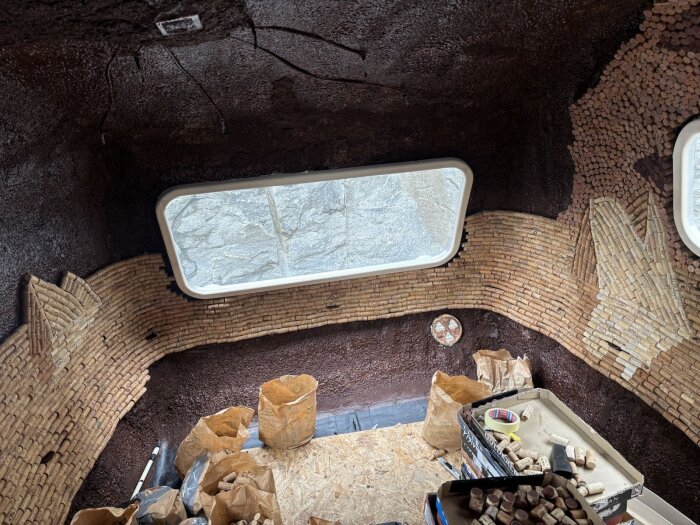 Vägg med korkbitar formar isberg och vågor, fönster visar berg utanför, kartonger och verktyg på golvet, del av hantverksprojekt.