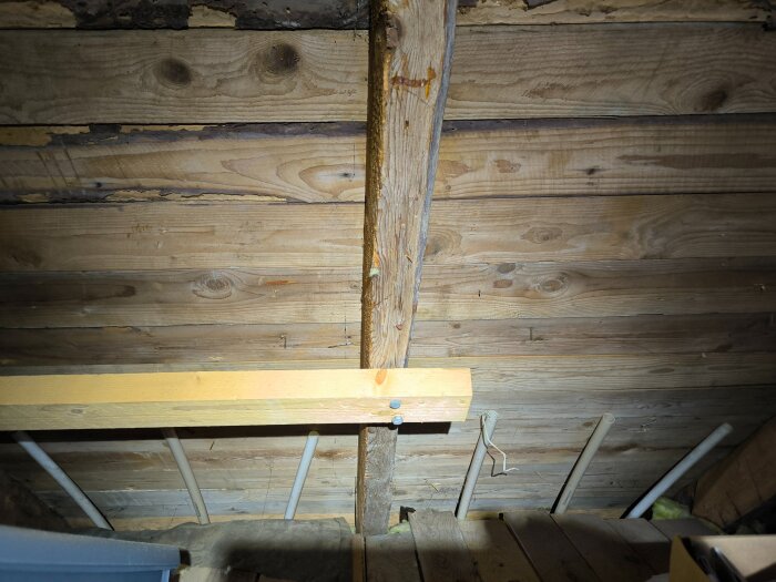 Trätak med isolering och synliga rör, eventuellt läckande fuktproblem åtgärdade. Glasfiberisolering med kutterspån under.