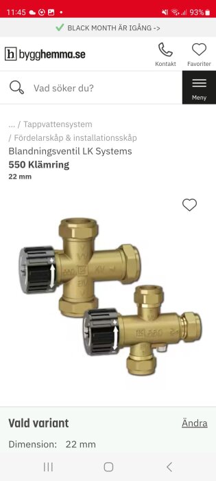 Blandningsventil LK Systems 550 Klämring 22 mm med justerskruv för temperaturreglering.