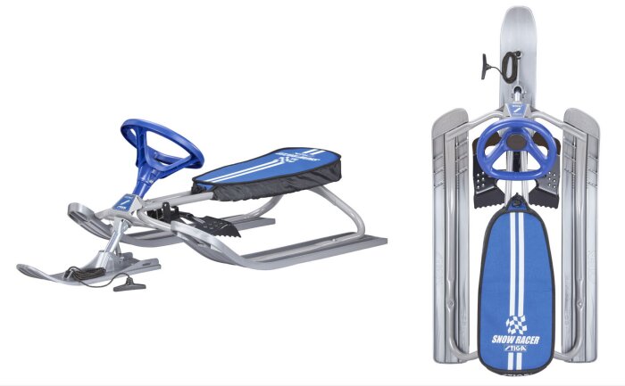 Blå och silver Snowracer Stiga med ratt och broms, sedd både från sidan och framifrån.