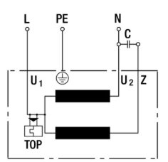 Illustration av ett kopplingsschema för en enfasmotor med två lindningar, kondensator och sockerbitanslutning.