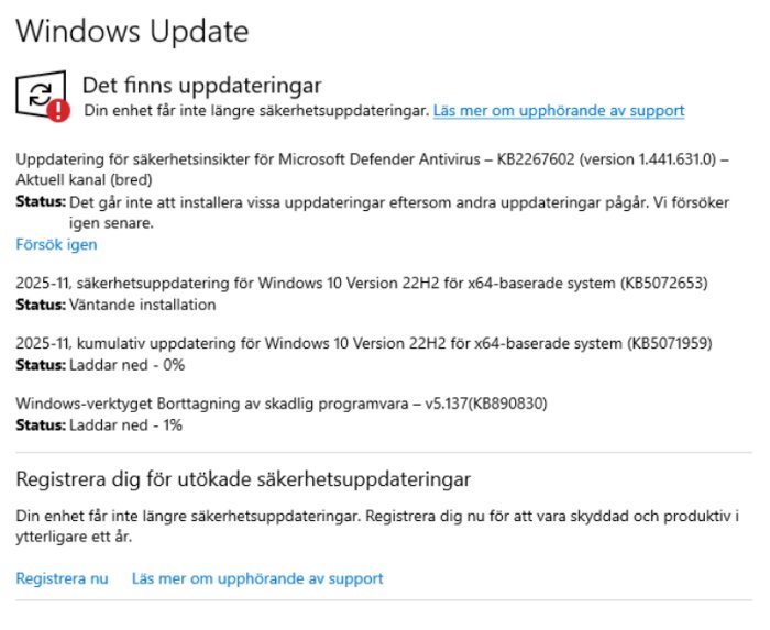 Windows Update-skärm med meddelande om uppdateringar för Windows 10 och säkerhetsuppdateringar, trots uppgift att enheten inte får fler uppdateringar.