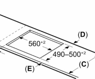 Schema över inbyggnadsmått för en Boschhäll med angivna mått 560 och 490-500 mm plus tolerans.