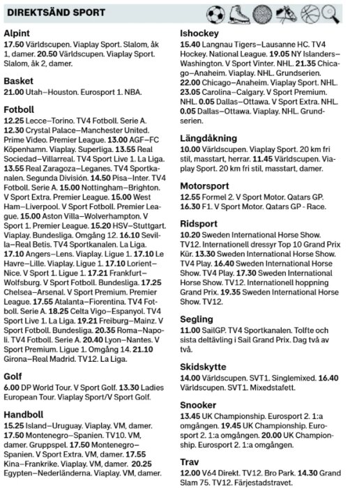 Direktsänd sportguide med tider och kanaler för alpint, basket, fotboll, ishockey, längdåkning, motorsport och mer, inklusive skidskytte.
