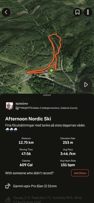 Satellitbild av skidspår för nordisk skidåkning, 12,75 km långt med 253 m höjdökning, registrerat med Garmin och väderinformation om molnighet och temperatur.