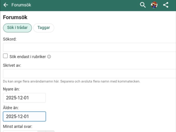Forumsökgränssnitt på androidplatta med datumfält inställda på 2025-12-01.
