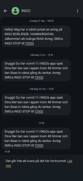 Textmeddelanden från INGO som informerar om bränsleprissänkning och vinster i appen, med instruktioner om hur man löser in vinster via SMS.