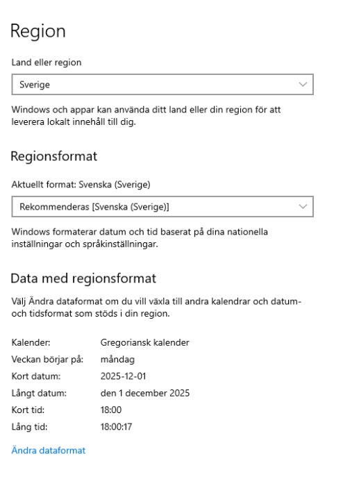 Windows 10 inställningsskärm för region och språk, inställd på Sverige med datumformat och kalenderval.