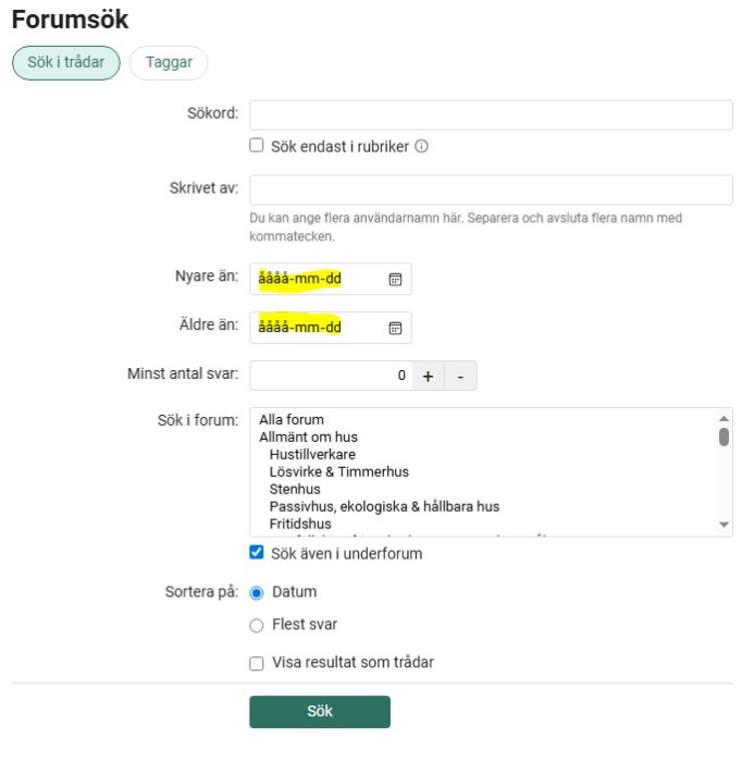 Forumsökningsfunktion med filter för datum, antal svar och forumkategori samt val för sortering och visning av resultat.