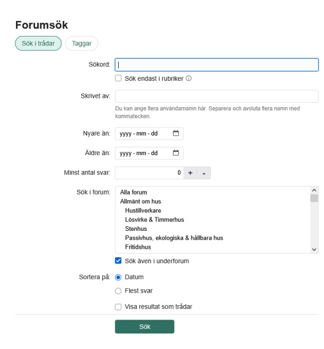 Forumsökningssida med sökfält, filter för datum och antal svar, samt forumkategorier att välja mellan.