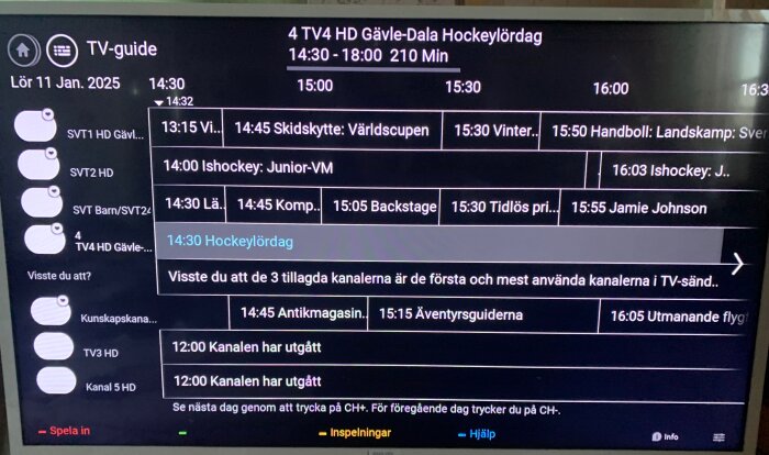 TV-guide visar kanaler och program som sänds den 11 januari 2025, inklusive sportevenemang som skidskytte och ishockey.