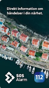 Flygbild av kustby med hus och båtar, texten "Direkt information om händelser i din närhet" och SOS Alarm-logotyp med siffran 112.