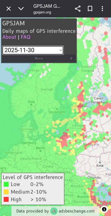 Karta över GPS-störningar i Europa den 30 november 2025, med låg störningsnivå vid Sveriges sydöstra delar.