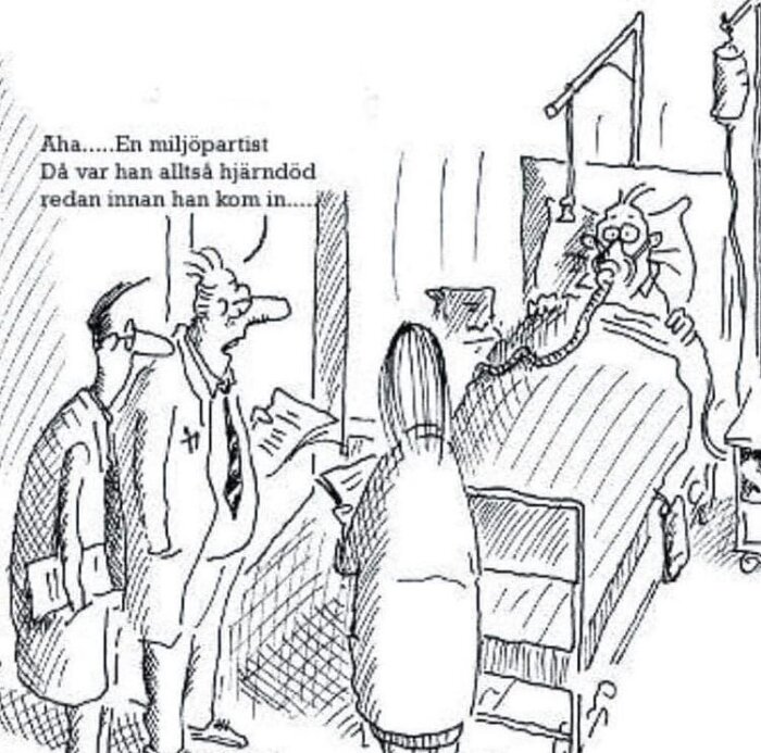 Ritning på ett sjukhusrum med läkare och en patient med syrgasmask, humorteckning med text om en miljöpartist.