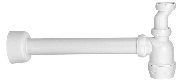 Vitt plastavloppsrör med svängbar utloppsnippel och justerbar rörmuff, används för anslutning till tvättställ eller diskbänk.