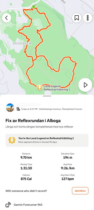 Karta över Reflexrundan i Alboga, 9,7 km lång, med information om tid, höjdökning och kaloriförbrukning. Använda en Garmin Forerunner 965.