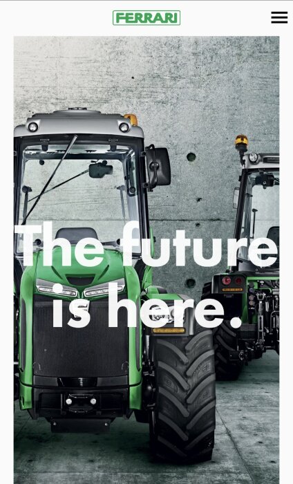 Gröna traktorer med texten "The future is here" i ett garage.