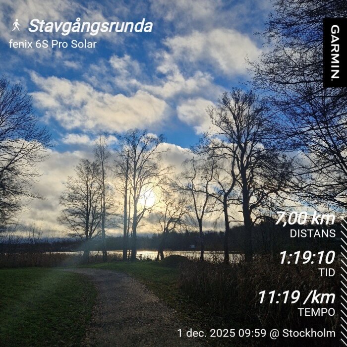 En landskapsbild med träd i förgrunden och sol bakom moln. Text visar info om stavgångsrunda: 7 km, 1:19:10 tid, 11:19 tempo, Stockholm i bakgrunden.