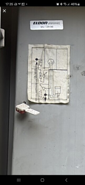 Grått plåtlock med klisterlapp och ritning. Knopp för säkringshållare synlig. Märkskylt "Eldon" upptill. Del av ett diskussionsinlägg om elmätarskåp.