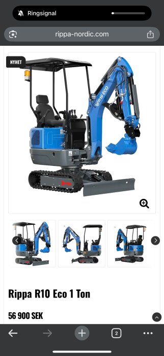 Blå och svart Rippa R10 Eco minigrävare, marknadsförd av en svensk importör, med larvfötter och skyddstak.