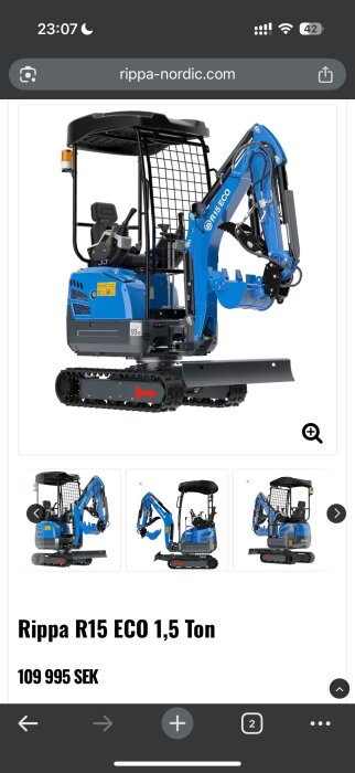 Blå minigrävare Rippa R15 ECO, 1,5 ton, visas från flera vinklar. Pris: 109 995 SEK.