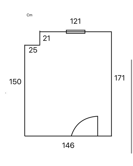 Ritning av liten tvättstuga med mått angivna i cm: 150x171 med fönster på 121 cm väggen och dörr på 146 cm väggen.