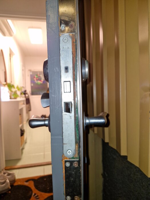 Närbild på ett dörrlås installerat i en gråmålad ytterdörr, med synliga skruvar och dörrhandtag i bakgrunden.