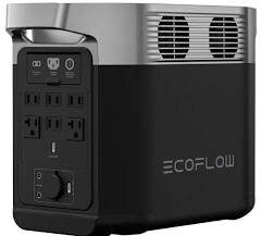 Bärbar strömkälla, Ecoflow Delta 2, med flera uttag och ventiler i svart och silver.