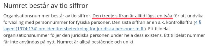 Organisationsnummer består av tio siffror där tredje siffran är lägst en tvåa och sista siffran är en kontrollsiffra enligt svensk lag.