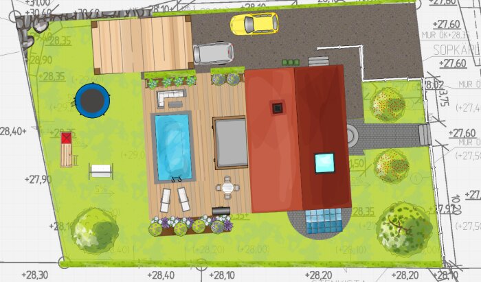 Illustration av husplanering med trädgård, pool, uppfart och garage. Stödmurar markerade. Överväganden om garageplacering pågår.