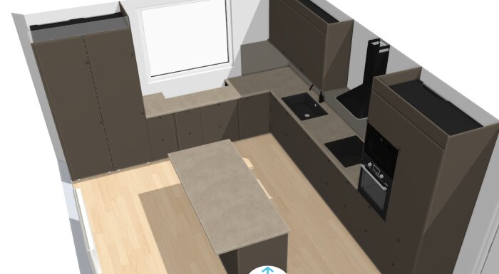 3D-modell av ett kök med L-formad bänkskiva, inbyggda skåp och apparater, samt ett fönster ovanför ett element.