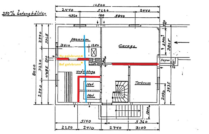 Planritning av källare visar avloppsrörsdragning (blått), tunnling av källarväggar (rött) och nya golvbrunnar (gul prick) nära pannrum och tvättstuga.