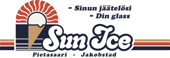 Retro glasslogotyp "Sun Ice" med sol och glassikon, text på svenska och finska, med lokalisering Pietarsaari - Jakobstad.